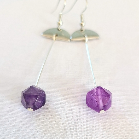 Subtle Delights Handmade Abstract Silver Dangling Earrings w/ Amethyst Pendants - Picture 4 of 4
